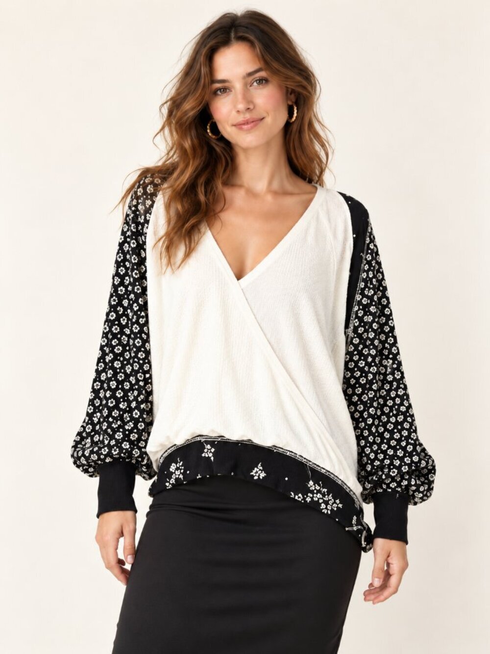 Free People Auxton Top Womens M Ivory Black Floral Long Sleeve Thermal Knit Boho
